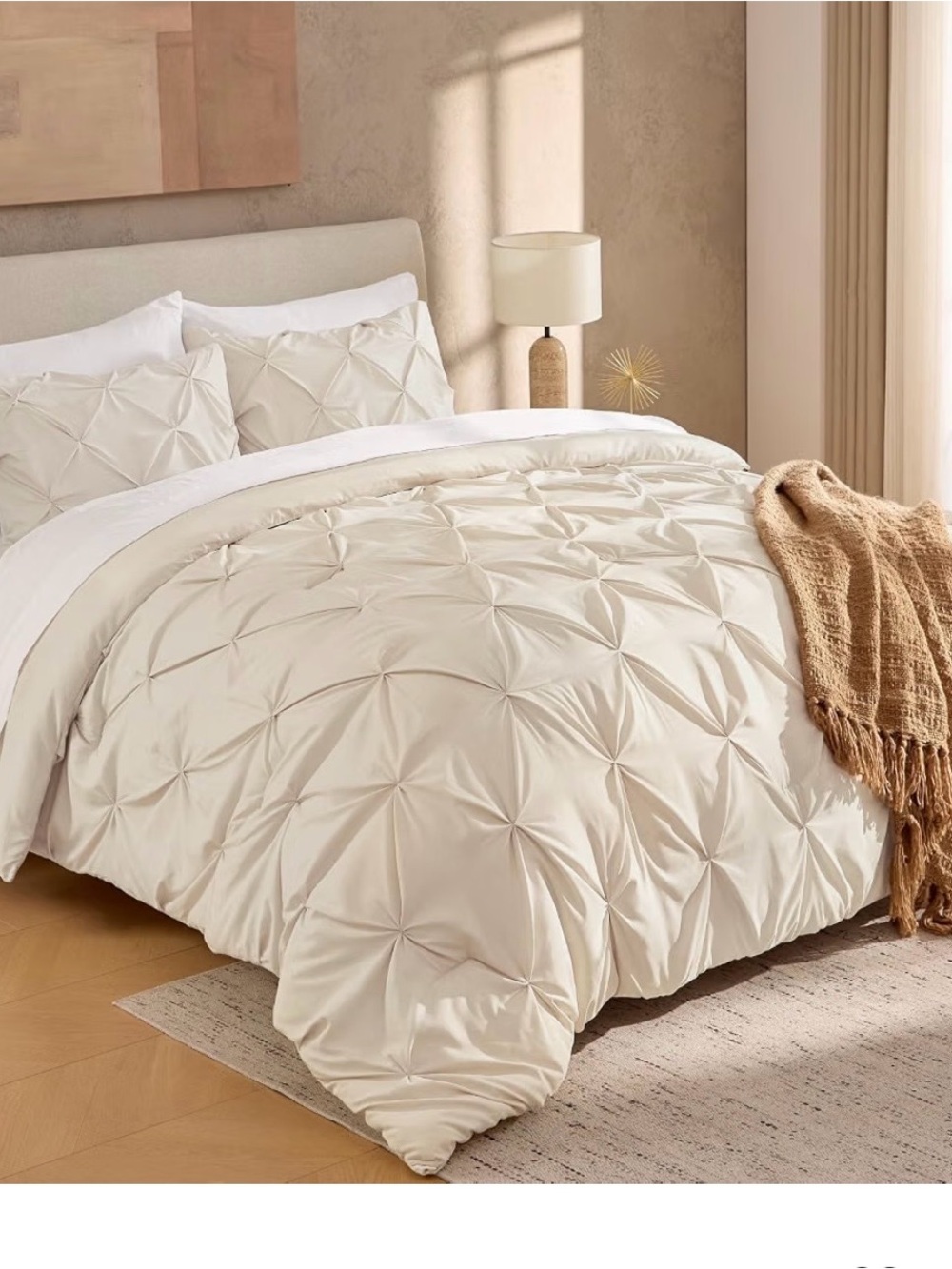King Pinch Pleat White Comforter Set cream color